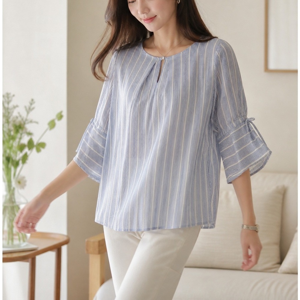 Rafaella Studio Blouse Womens Medium Blue White Excellent Striped Bell Sleeve